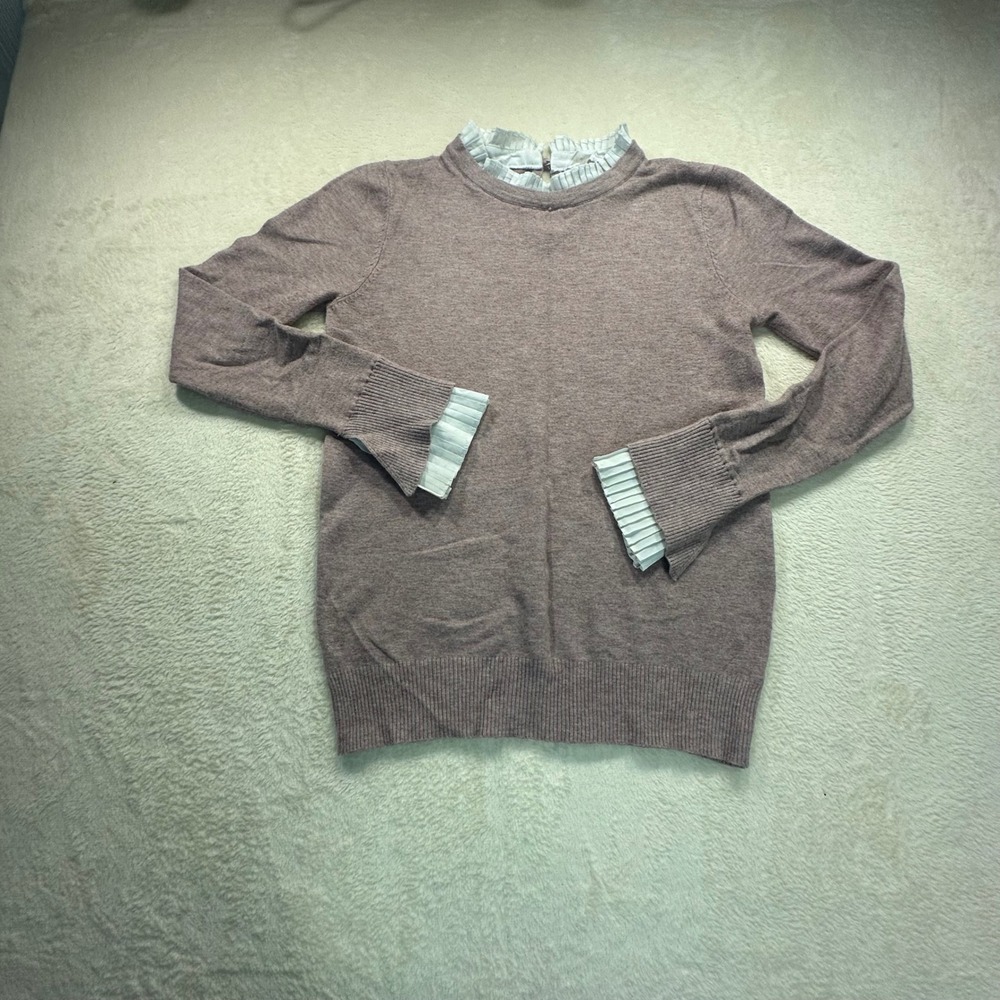 Milano Mauve Knit Sweater Pleated Ruffle Trim Neck Cuffs Size S RN 163742